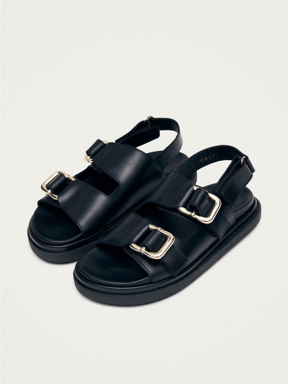 ALOHAS Harper Black Leather Double-Buckle Slingback Sandals with Gold Hardware